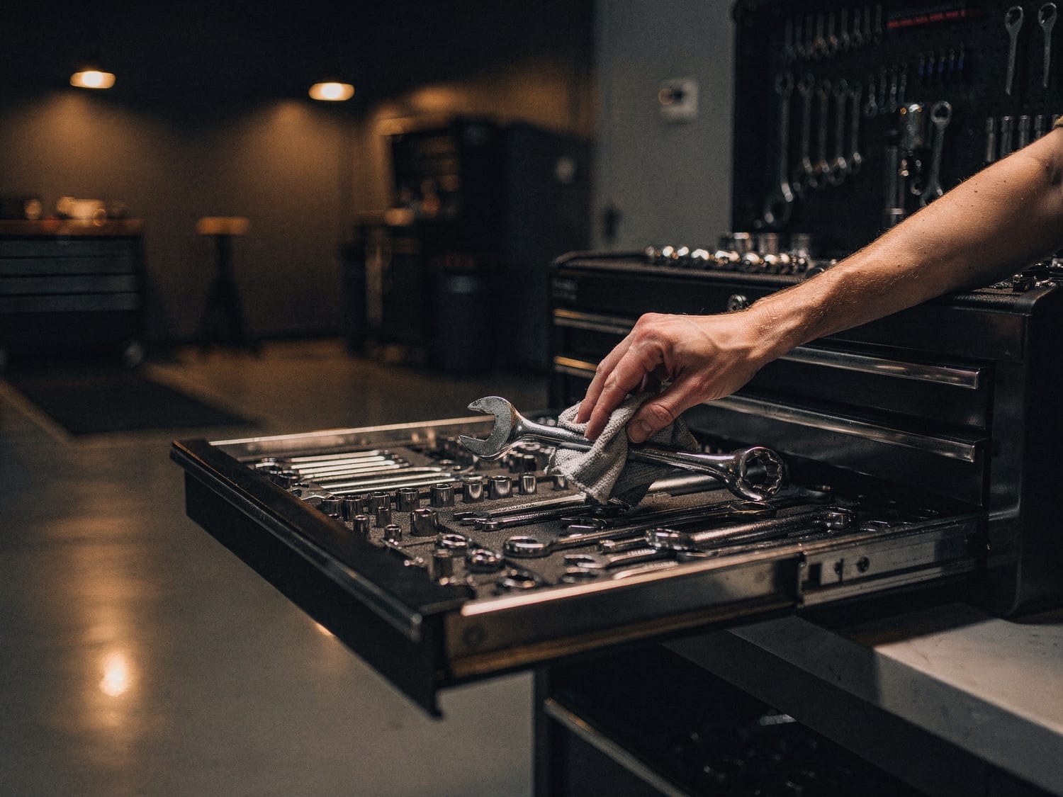 A mechanic wiping down a wrench beside an open tool chest in a clean shop