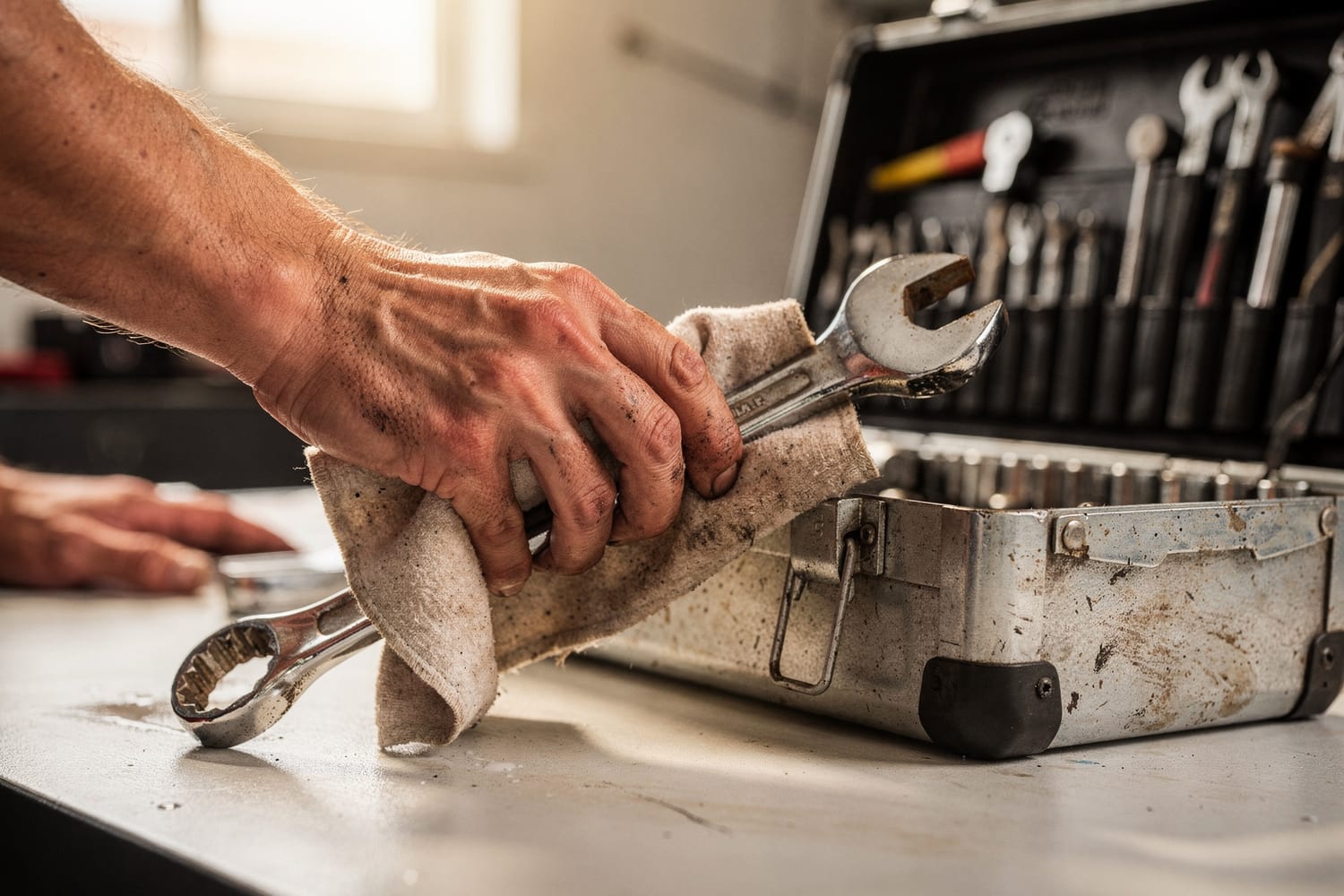 A mechanic's hands wiping down a wrench on a clean workbench